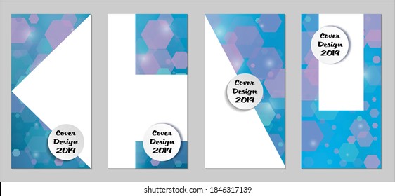 Modern Tech Covers with Blue Hexagons, Lights and Bokeh. Set of Technic Colorful Posters. Trendy Vertical Banners Design with White Form. Sale Brochures. Vacation Ads. Tech Backgrounds.