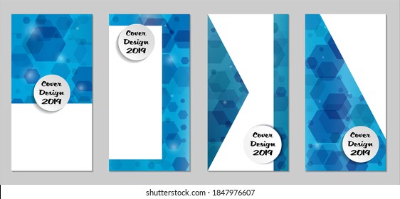 Modern Tech Covers with Blue Hexagons, Lights and Bokeh. Set of Technic Colorful Posters. Trendy Vertical Banners Design with White Form. Sale Brochures. Vacation Ads. Tech Backgrounds.