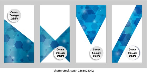 Modern Tech Covers with Blue Hexagons, Lights and Bokeh. Set of Technic Colorful Posters. Trendy Vertical Banners Design with White Form. Sale Brochures. Vacation Ads. Tech Backgrounds.