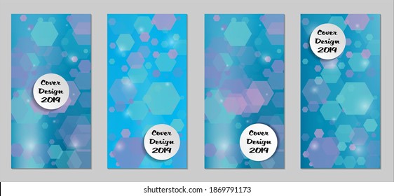 Modern Tech Covers with Blue Hexagons, Lights and Bokeh. Set of Technic Colorful Posters. Trendy Vertical Banners Design with White Form. Sale Brochures. Vacation Ads. Tech Backgrounds.