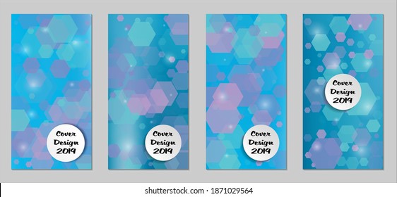 Modern Tech Covers with Blue Hexagons, Lights and Bokeh. Set of Technic Colorful Posters. Trendy Vertical Banners Design with White Form. Sale Brochures. Vacation Ads. Tech Backgrounds.