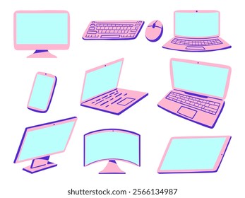 Modern Tech Devices Trendy Workspaces. A collection of 9 pink tech devices, including monitors, laptops, and tablets, with sleek and minimalist designs for modern and stylish visuals