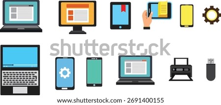 Modern tech devices vector illustration showcasing laptops, smartphone, tablet, USB, printer for digital business, office technology, communication tools, electronics, and contemporary workplace art.