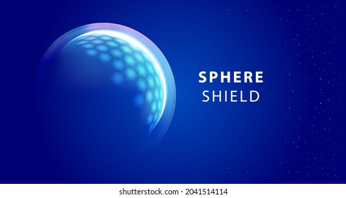 Modern tech futuristic of bubble dome shield sphere with hexagon halftone pattern grid elements on dark blue background. Vector illustration