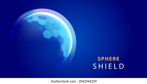 Modern Tech Futuristic Of Bubble Dome Shield Sphere With Hexagon Halftone Pattern Grid Elements On Dark Blue Background. Vector Illustration