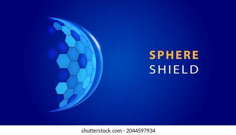 Modern tech futuristic of bubble dome shield sphere with hexagon halftone pattern grid elements on dark blue background. Vector illustration