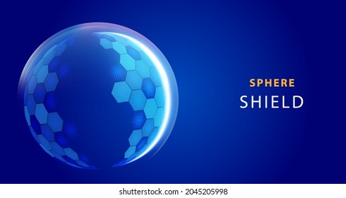 Modern tech futuristic of bubble dome shield sphere with hexagon halftone pattern grid elements on dark blue background. Vector illustration