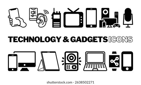 Modern Tech and Gadgets Icons Set – Smartphone, Laptop, Devices, wireless Vector icons.