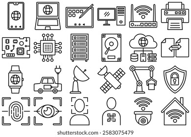 A modern tech icon set with AI, cybersecurity, biometrics, cloud, and smart devices. Features laptops, servers, satellites, and cameras in a sleek outline style. Pixel perfect at 88 x 88 px.