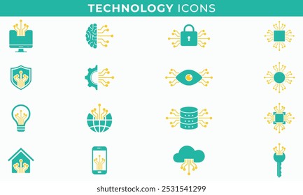 Modern Tech Icons Collection Digital Gear Circuits and Data Symbols