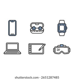 Modern Tech Icons Smartphone Wireless Earbuds Smartwatch Laptop Graphics Tablet VR Goggles