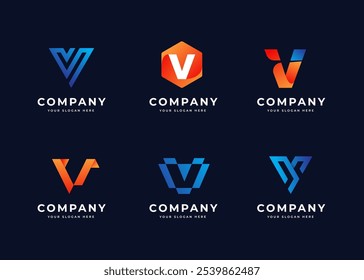 Modern Tech Letter V Vetor Logo Coleção. Abstrato Gradiente Inicial Letra V Símbolo Logo Design. Símbolo Inicial Moderno para Identidade Comercial Corporativa. Ilustração de logotipo de vetor de conjunto de alfabetos