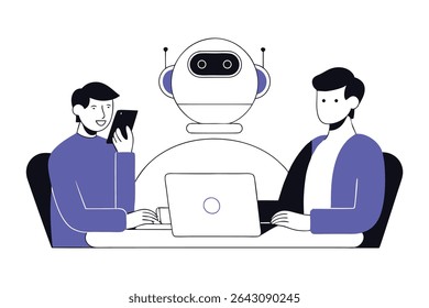 Modern Tech Lifestyle Scene with Laptop Users, Smartphone, and Service Robots Illustration