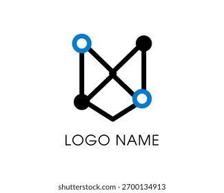Modern tech logo with black connected lines and blue circle nodes, minimal geometric vector illustration for digital company, innovation startup, data network or futuristic brand identity