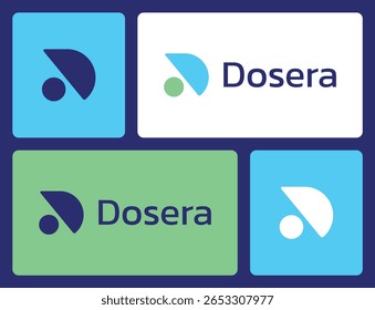 Modern tech logo design for Dosera. Abstract geometric icon with bold sans-serif typography in blue, green, and white color variations, ideal for startups or digital platforms.