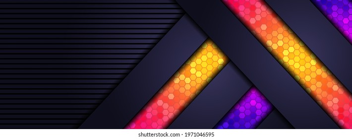 Modern Tech Navy Background Design with Orange and Purple Combination.