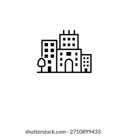 Modern tech park with sleek buildings and a stylized tree, representing innovation and business in a clean, minimalist design.