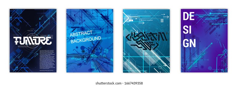 Modern tech posters set with arrows and abstract element. Template technology cover with stripes motion and dynamics arrows. Hi-tech flyers with many elements, very detailed design. Vector posters