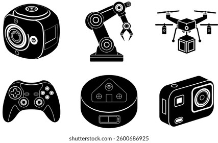 Modern Tech and Robotics Silhouettes – Drones, Smart Devices, Cameras, and Controllers