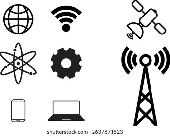 Modern tech and science icon set: internet, Wi-Fi, satellite, atom, gear, phone, laptop, broadcast tower. Ideal for digital, science, telecom projects.