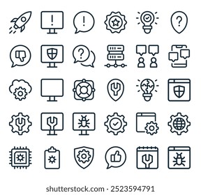 modern tech support icon pack. perfect for linear ui designs featuring vector bug, schedule, feedback, protection, clipboard and more icons.