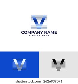 Logotipo de letra V moderno e inspirado en la tecnología. Presenta una letra en negrita "V" construida a partir de líneas Horizontales, creando una sensación de movimiento o flujo de datos digitales. Diseño limpio y contemporáneo en azul y blanco