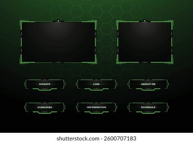 Modern tech-inspired streaming overlay design featuring a dark background with vibrant green accents.
