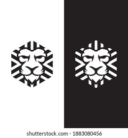 Modern technical design of a lion built  with geometric shape within a hexagonal space. the design is one color concept for two types of backgrounds..