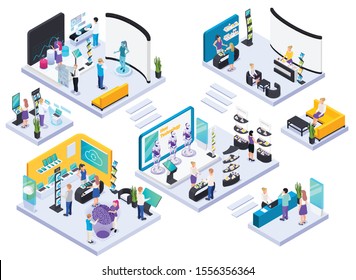 Modern technical electronic innovative production exhibition halls concept isometric composition with demonstration and promotion stands vector illustration 