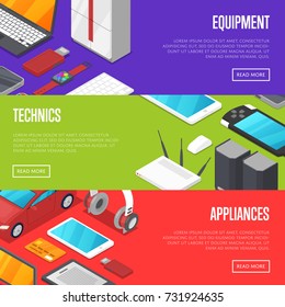Modern technics and digital appliances set isometric posters. Smart watch, laptop, tablet PC, usb drive, gamepad, mp3 player, wifi router vector illustration. Global social media and communication.