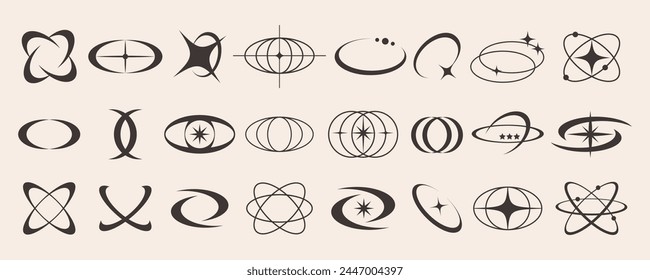 Modern techno 90s planet element design set, cyber geometry globe symbol graphic, futuristic psychedelic y2k atom set, geometric trendy groovy star icon collection, retro rave figure aesthetic,
