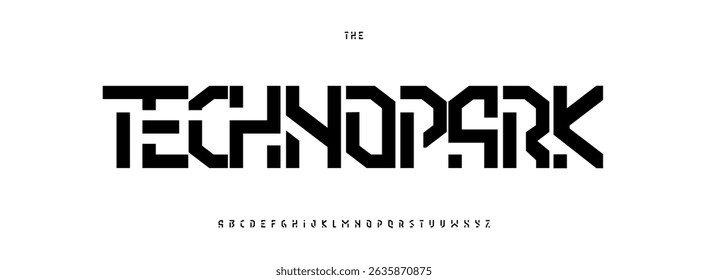 Modern Techno Alphabet, Robotic Font Design, Bold Geometric Letters in Futuristic Geometric Modular Style for Digital Branding, Interfaces, Tech. Abstract Digital Display Typography. Vector typeset
