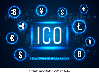 Modern techno banner ICO. Sale and production of crypto currency and the system technology is blockchain in the business Internet. vector illustration