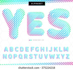 Modern techno font with a gradient of red, green and blue lines that looks fashionable and good on posters, banners of the city and on the pages of a stylish websites. Vector illustration.
