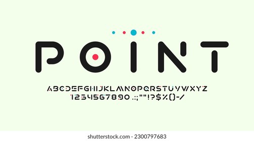 Modern techno font, type or typeface. Geometric alphabet, vector bold rounded letters, digits and signs with colorful dots. Uppercase typographic abc characters or symbols in contemporary simple style