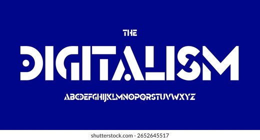 Fonte moderna do logotipo techno, alfabeto geométrico abstrato. Tipo futurista ousado para manchete digital, interface de ficção científica, HUD jogo, marca cyberpunk, design de inovação, exibição de tecnologia. Tipografia vetorial