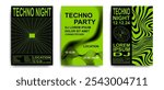 Modern techno party invitation poster templates with abstract retro futuristic design elements and vibrant lime green color.