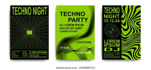 Moderne Einladungs-Poster-Vorlagen für Techno-Partys mit abstrakten, futuristischen Design-Elementen im Retro-Look und leuchtend limigrüner Farbe.