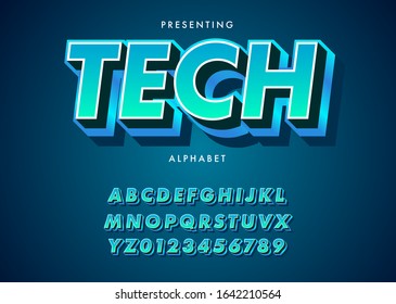 Modern Techno style font effect. Set of vibrant gradient alphabet and number