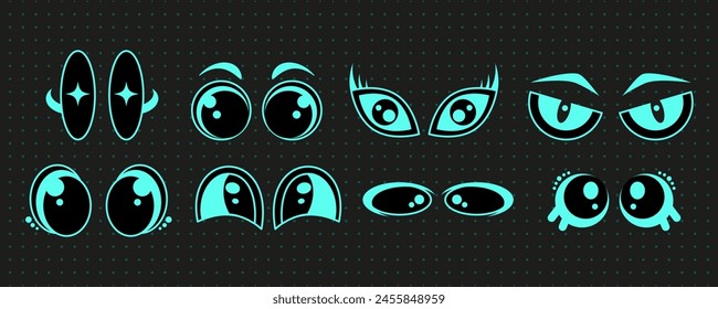 Modern techno y2k cute eyes collection, space trippy face element vector, futuristic psychedelic facial look groovy shape collection, blue neon trendy acid symbol graphic, retro abstract 90s form set