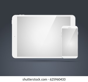 Modern technologic devices set with blank realistic white smartphone and tablet on gray background isolated vector illustration