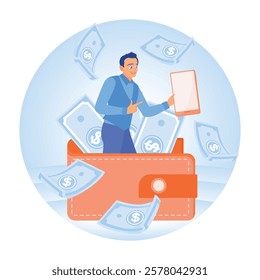 Modern technological advances. A man promotes mobile banking with a smartphone and digital wallet. Concept of Young People Using Smartphones. Flat vector illustration.