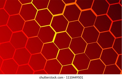 Modern technological background in the style of bee honeycombs. Bright orange and yellow glow from the hexagon. Ideal for web banners, blogs, posters, postcards, cover design