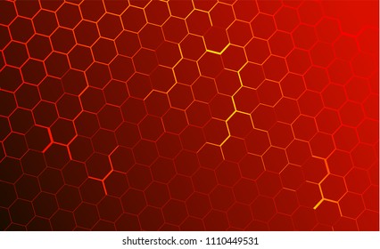 Modern technological background in the style of bee honeycombs. Bright orange and yellow glow from the hexagon. Ideal for web banners, blogs, posters, postcards, cover design
