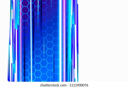 Modern technological background in the style of bee honeycombs. Bright violet and blue glow from the hexagon. Ideal for web banners, blogs, posters, postcards, cover design and movie backdrops.