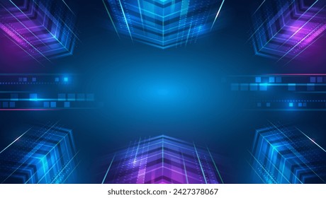 Modern technological design. Abstract high-tech background with arrows and glowing lines. Vector illustration for a banner or presentation on the theme of technology, science, and medicine.