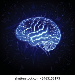 A modern technological illustration of the human brain using geometric shapes arranged on a dark blue background. Used in medicine scientific, advertising, commercial and industrial