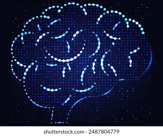 A modern technological illustration of the human brain using geometric shapes arranged on a dark blue background. Used in medicine scientific, advertising, commercial and industrial, vector