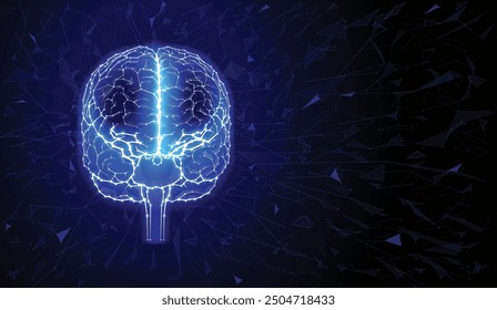 A modern technological illustration of the human brain using geometric shapes arranged on a dark blue background. Used in medicine scientific, advertising, commercial and industrial