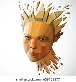 Modern technological illustration of personality, 3d vector portrait. Intelligence metaphor, low poly face with splinters which fall apart, head exploding with ideas, thoughts and imagination.